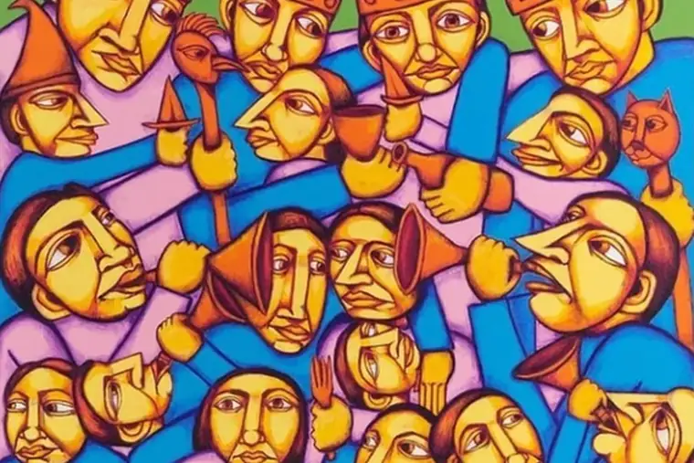 Toile figurative représentant une foule dense de visages jaunes et orangés sur fond bleu et mauve.